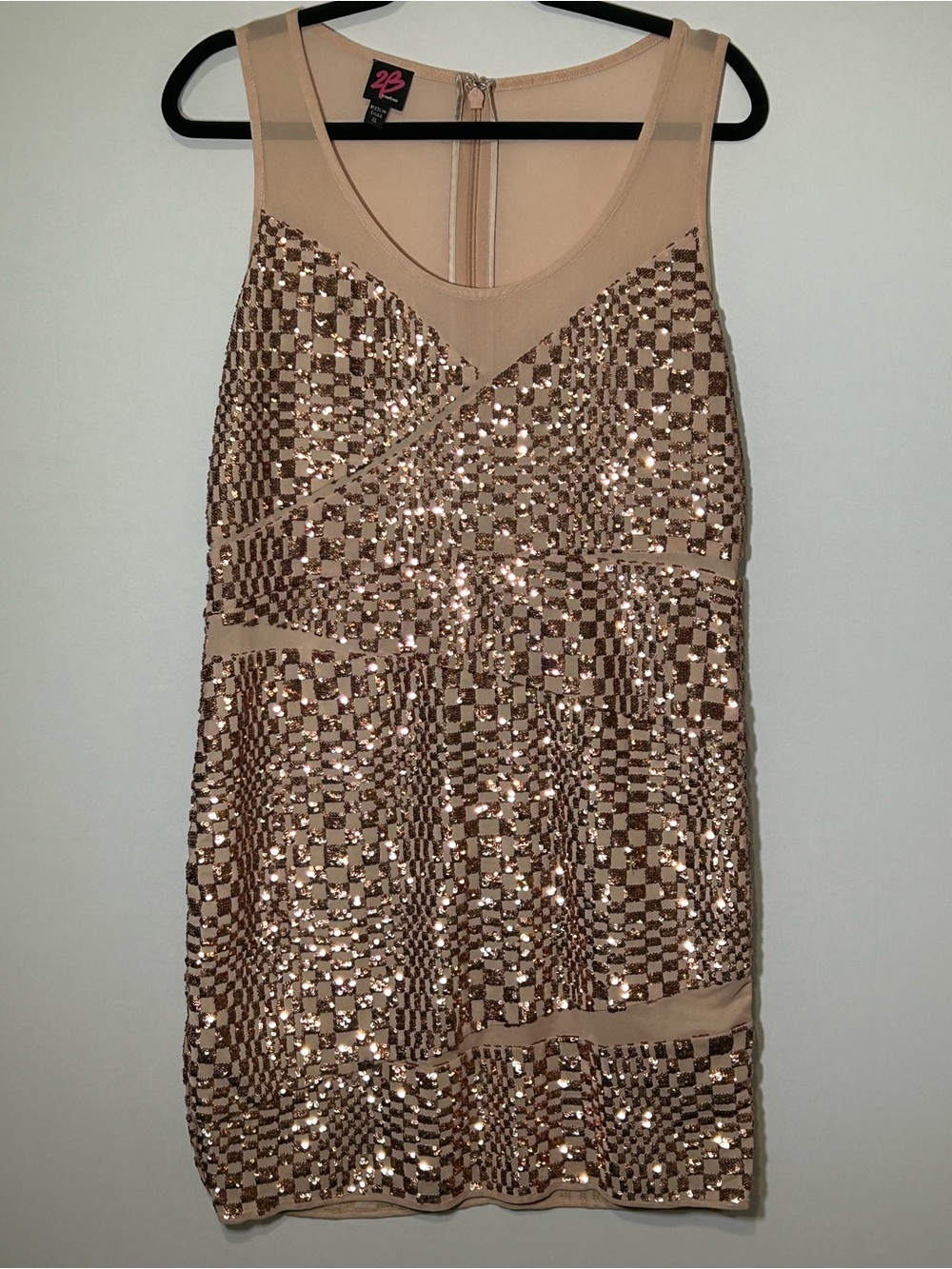 bebe Rose Gold Geo Sequin Mesh Bodycon Mini Dress XL